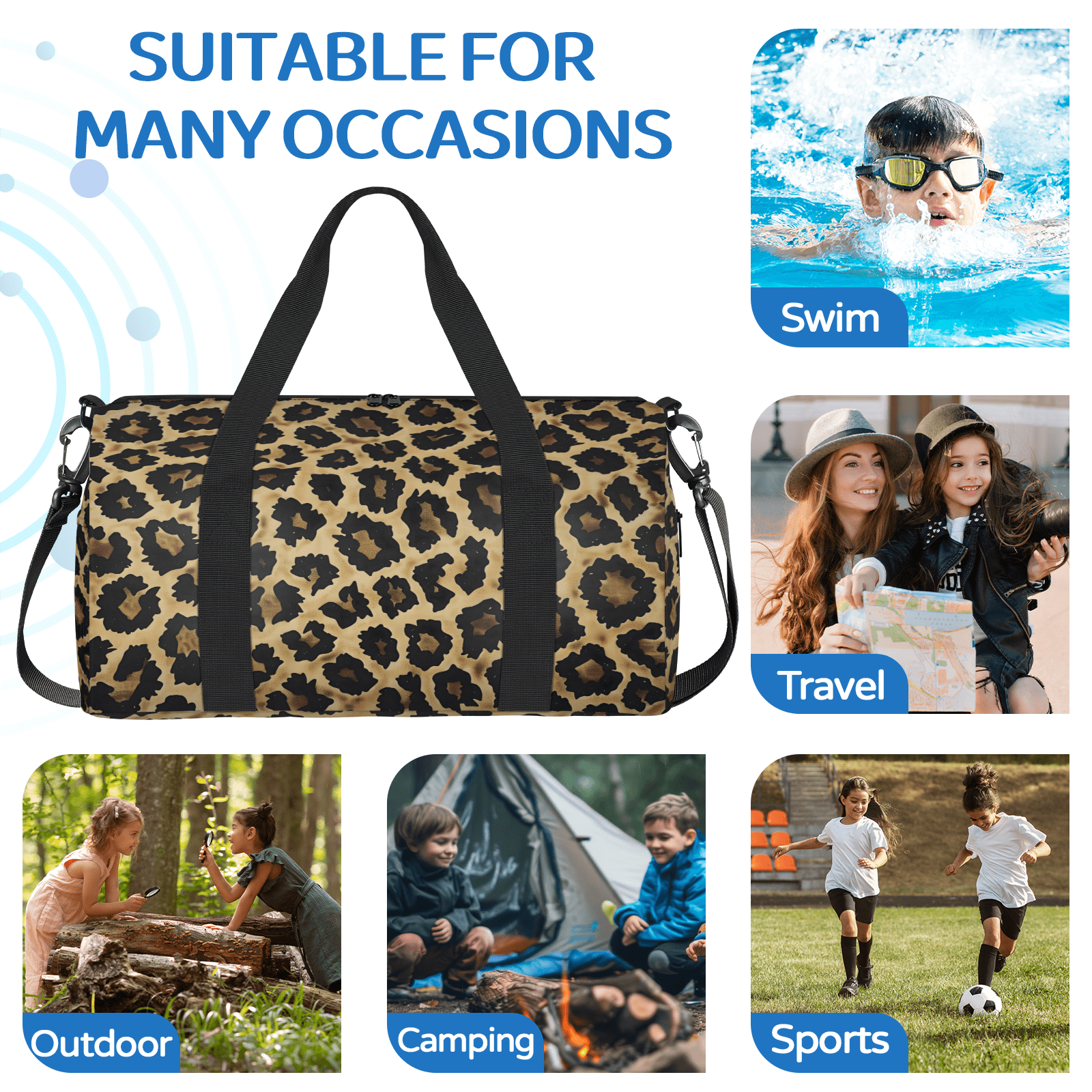 Herdesigns Leopard Print Wild Safari Skin Gym Bag for Women, Duffle Bag for Travel Sport, Lightweight Waterproof Carry on Weekender Overnight Dance Yoga Workout Bags