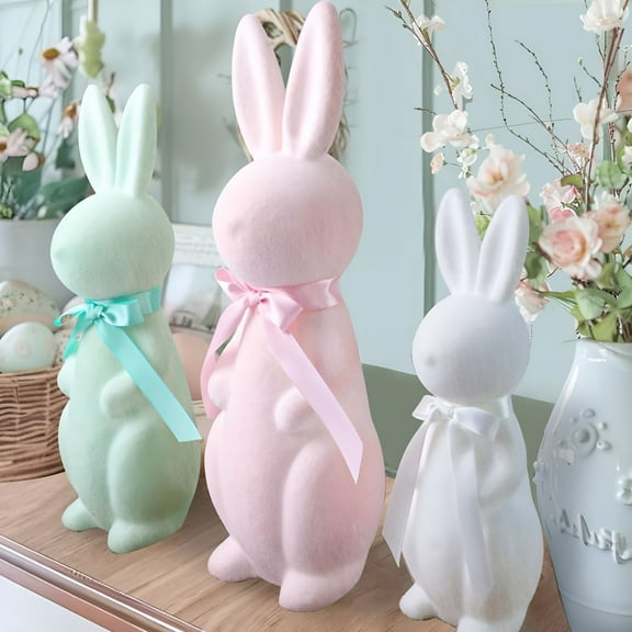 LAMIRO Easter Decorations-3 Pack Pastel Flocked Bunny Kit-Spring Table Centerpieces Indoor Decor-Bunnies Decoration Set for Home & Party