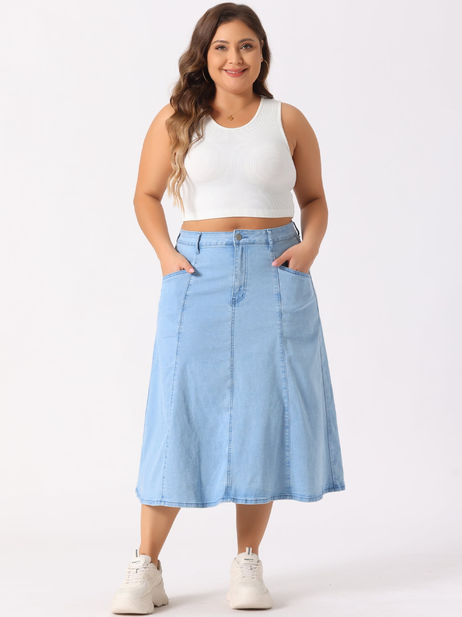 DARING DIVA Women's Plus Denim Skirts with Pockets A-Line Midi Jean Skirt 2X Light Blue