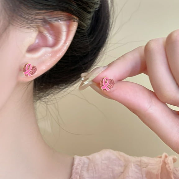 Cancer Awareness Earrings - Pink Ribbon Heart Charm Earrings with Adjustable Stretch Band - Support Jewelry for Women & Survivors