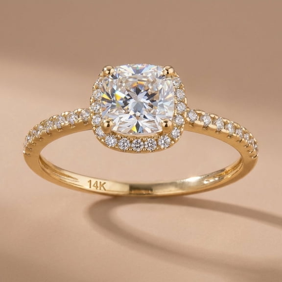 Vinali Solid 14K Yellow Gold Halo Cushion Cut CZ Engagement Ring for Women Size 5