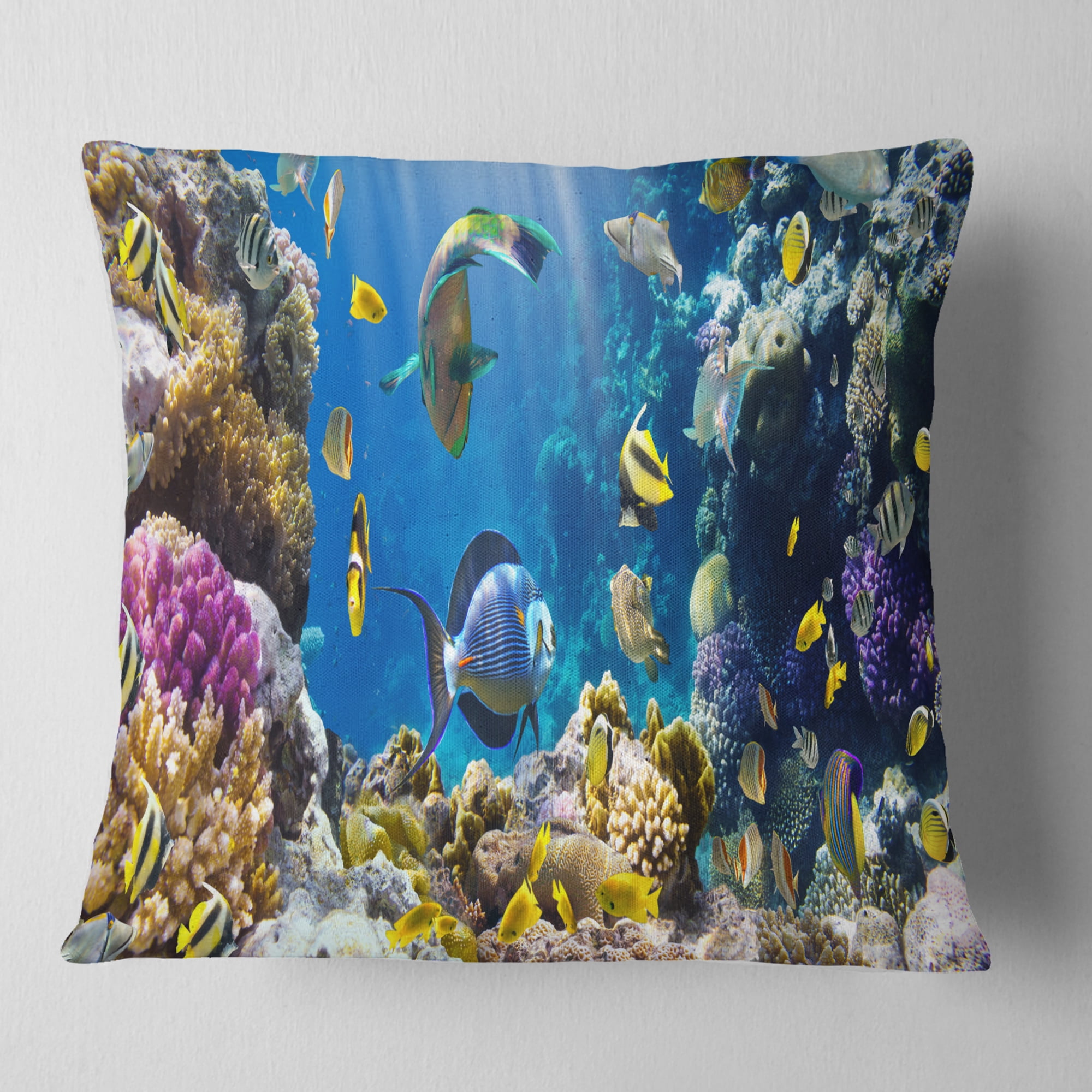 Designart Fish in Coral Reef - Seascape Photography Throw Pillow - 16x16
