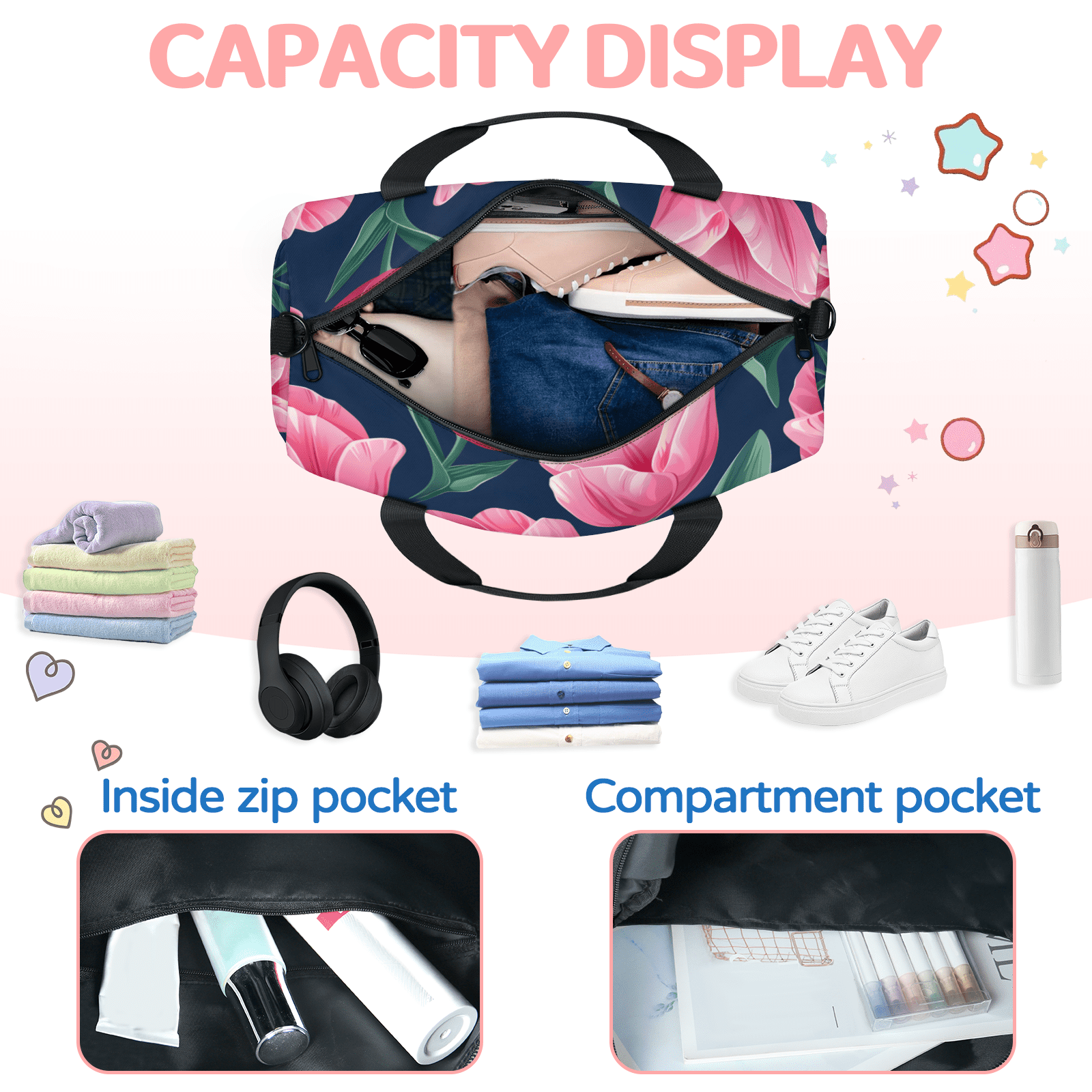 Herdesigns Pink Floral Gym Bag for Women, Duffle Bag for Travel Sport, Tulip Flower Lightweight Waterproof Carry on Weekender Dance Yoga Workout Bags
