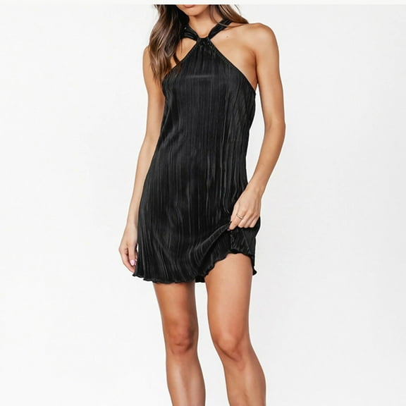 WXLWZYWL Summer Dress Women'S Casual Sleeveless Metal Halter Solid Dress Black