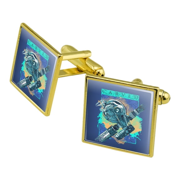 Carved Marlin Sailfish Fishing Reel Square Cufflink Set - Silver or Gold