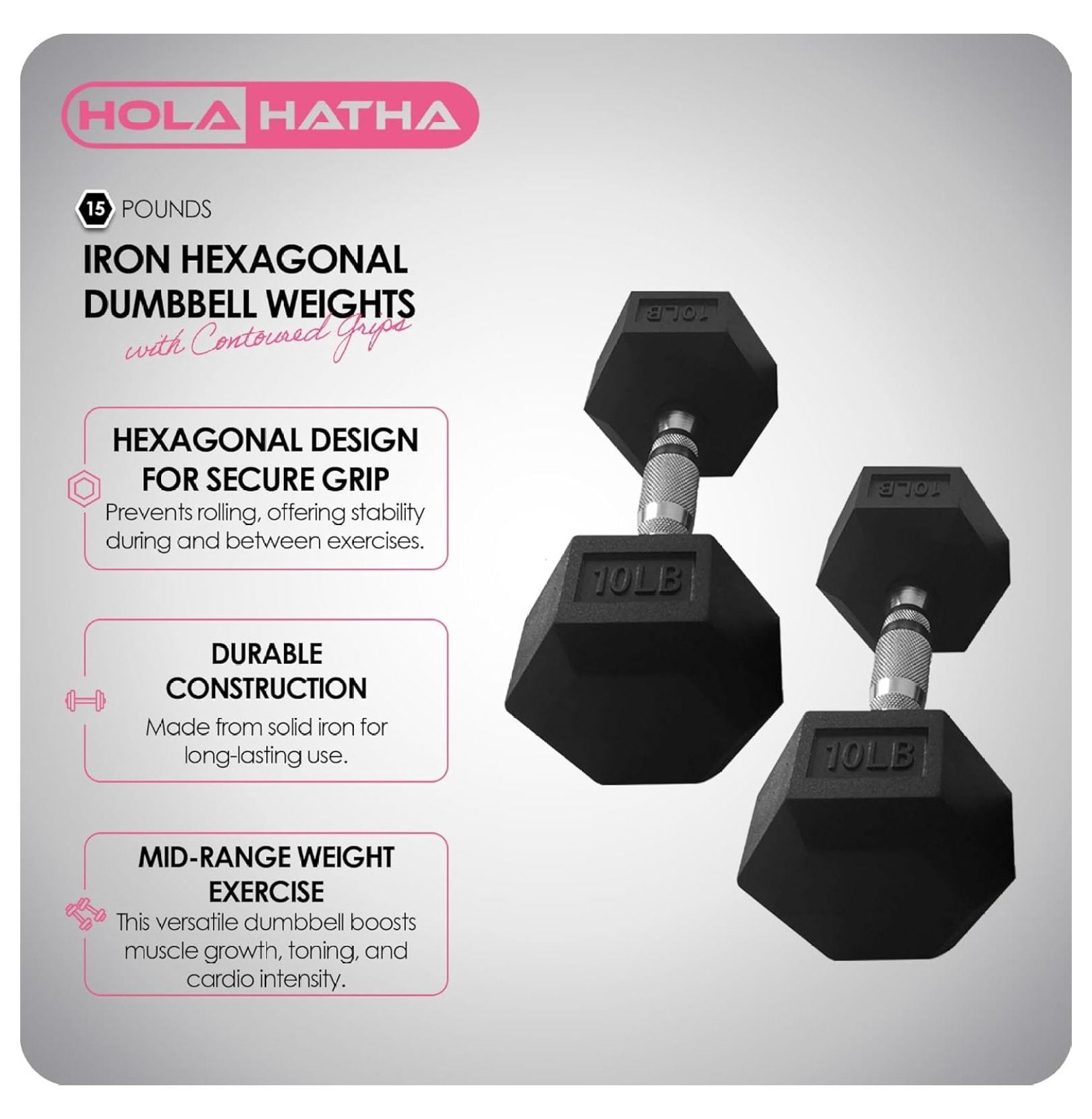 Iron Hexagonal Cast Exercise Dumbbell Free Weight with Contoured Textured Grip for Home Gym Exercise and Strength Training