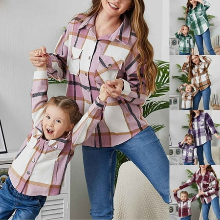 

Dadaria Christmas Pajamas for Family 2022 Children Fashion Lattice Long Sleeves Comfortable Leisure Loose Pocket Tops Blouse Pink Red Brown Purple Green Kids 3-4Y