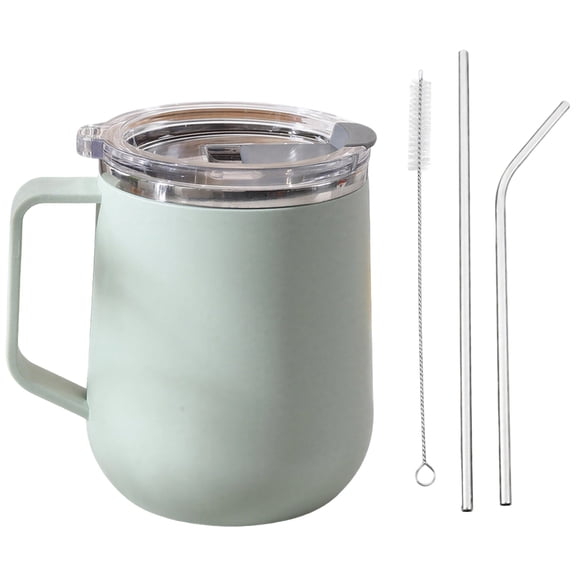 2-Piece Stainless Steel Mug Set, 16.9 oz / 500 mL Coffee Mug with Lid, Reusable Straws, Insulated Water Cup, Ergonomic Handle, Double Wall, Lightweight Green Mug for Office, Home