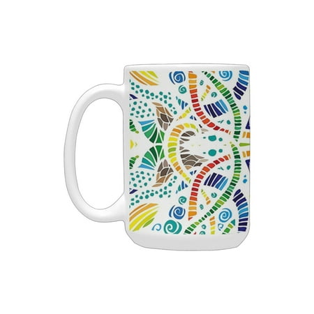 

Floral Mosaic Style Embellished Mixed Flower Leaves Stripes with Oriental Effects Image Multicolor Ceramic Mug (15 OZ) (Made In USA)