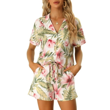 Unique Bargains Women Hawaiian Tropical 2023 Summer Button Down Sets L White