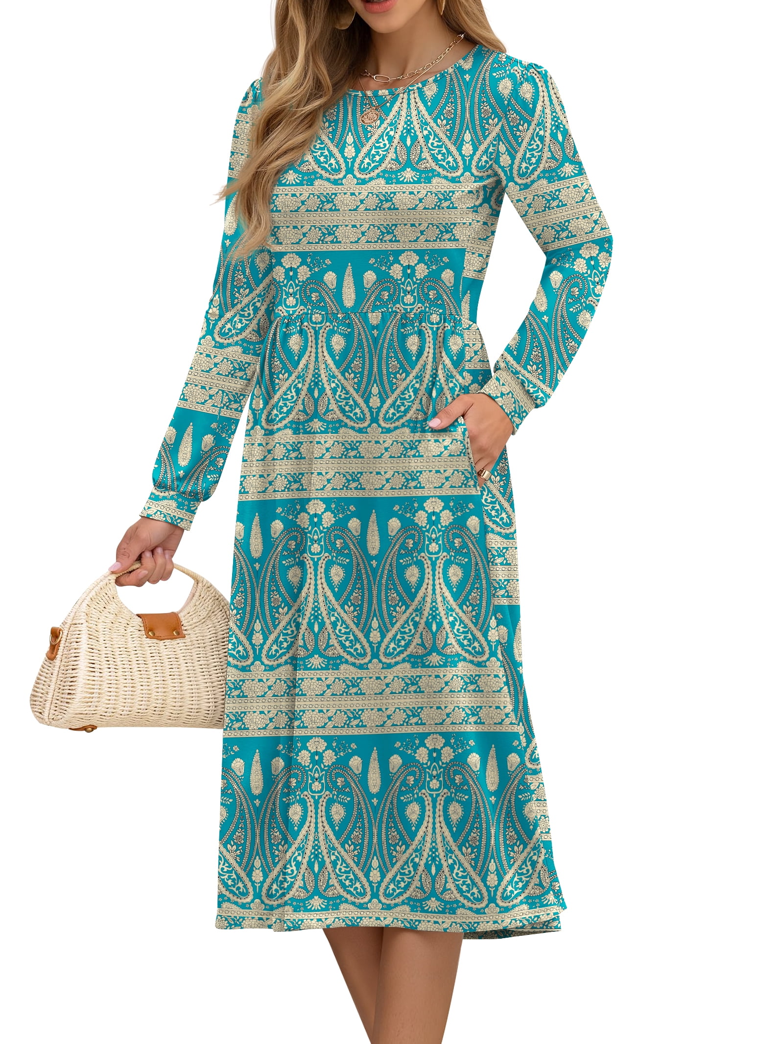 Fantaslook Long Sleeve Midi Dresses for Women Casual Floral Dress Flowy Fall Dresses with Pockets