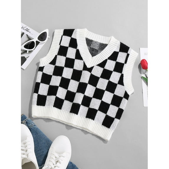 ZAFUL Women Leisure Ribbed Trim Checkered Crop Vest Sweater Multi S