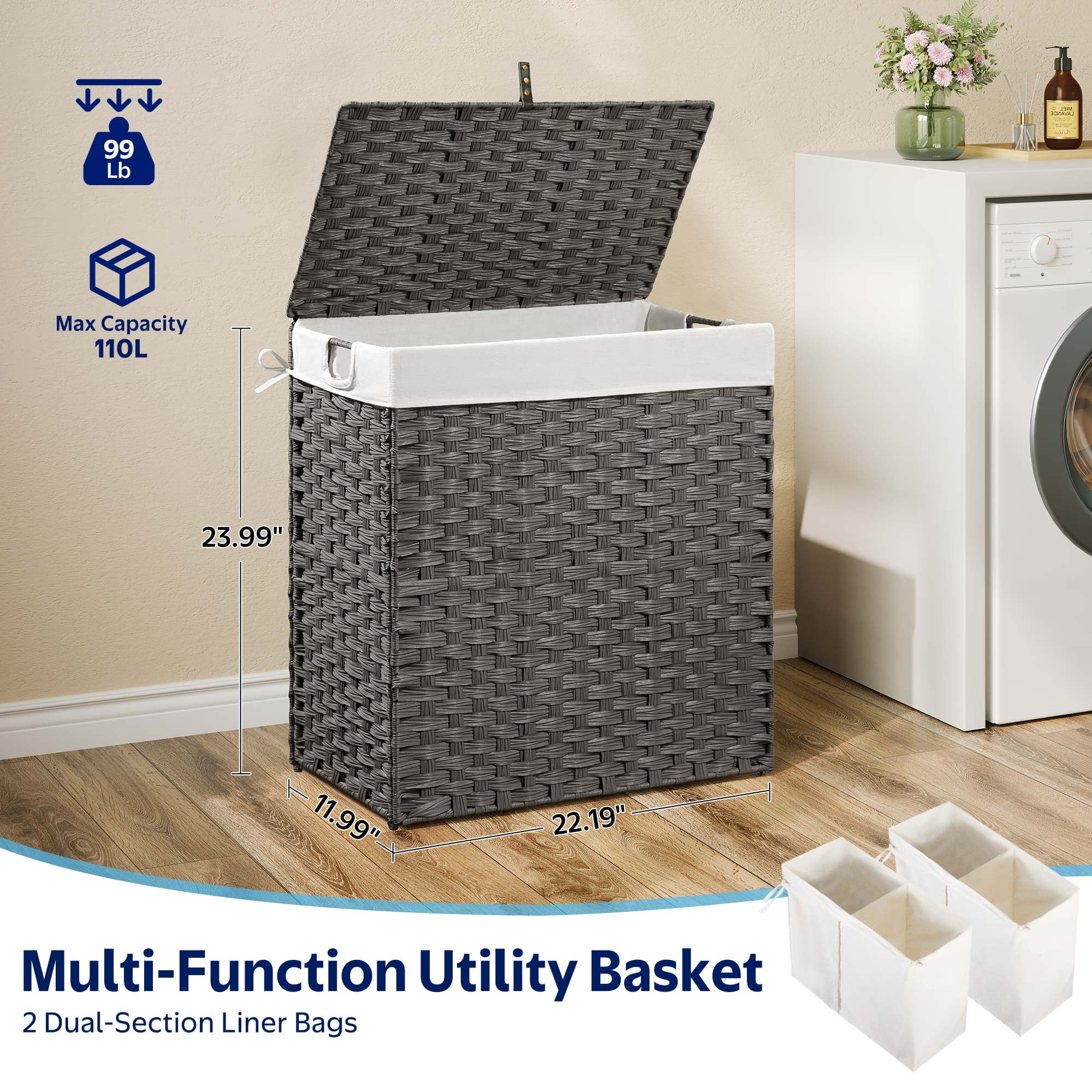 Rolanstar 110L Laundry Hamper Wicker Laundry Basket with Lid, Handles Clothes Hamper Foldable with 2 Removable Liner Bags, Gray