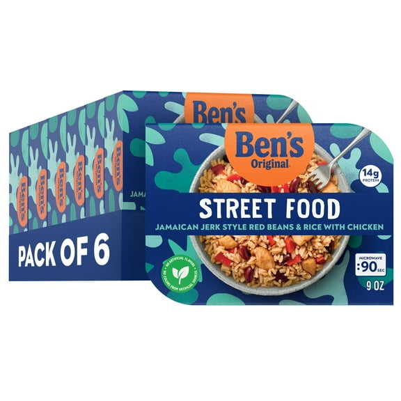 BEN'S ORIGINAL Street Food SSF20 Jamaican Jerk Style Beans & Rice with Chicken, Prepared Entrée, Microwave in 90 Seconds, 9 oz (Pack of 6)