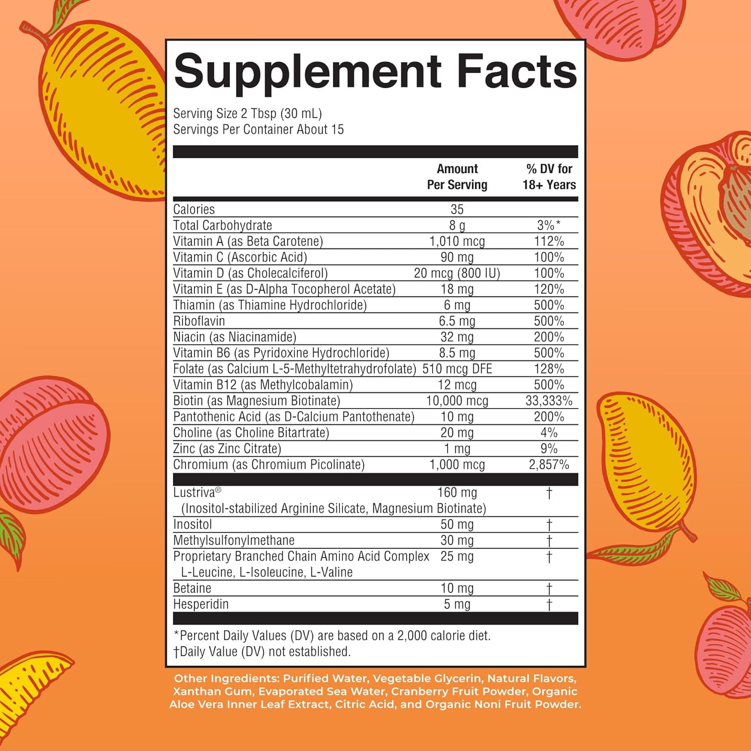 MaryRuth's Liquid Multivitamin + Hair Growth with Biotin 10000MCG, Lustriva, Vegan Gluten-Free, Peach Mango Flavor, Adults Ages 18+, 15.22 fl oz