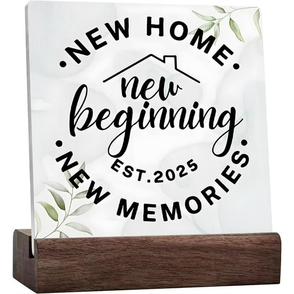 Ceramic Sign 4x4 Inch New Home New Memories Plaque Sign with Wood Stand Housewarming Ceramic Plaque Desk Sign Art Home Living Room Shelf Desk Decor Present Home Sweet Sign Welcome New Home Gift Ideas
