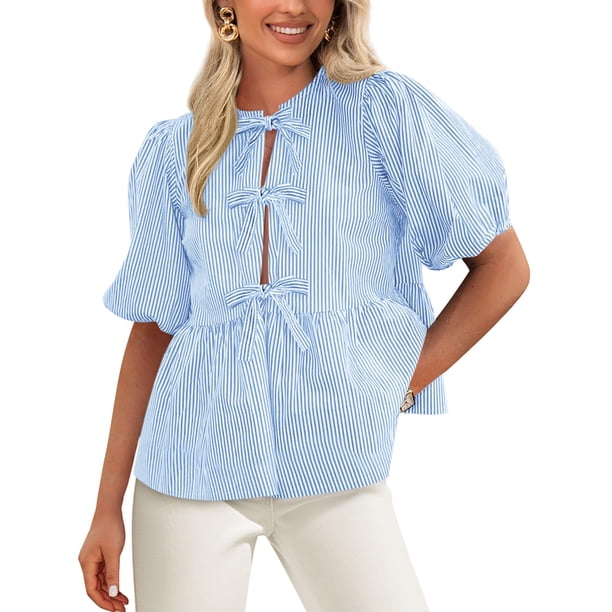 Blusa PRETTYGARDEN Camisa a rayas con lazo en la parte delantera para mujer 2025