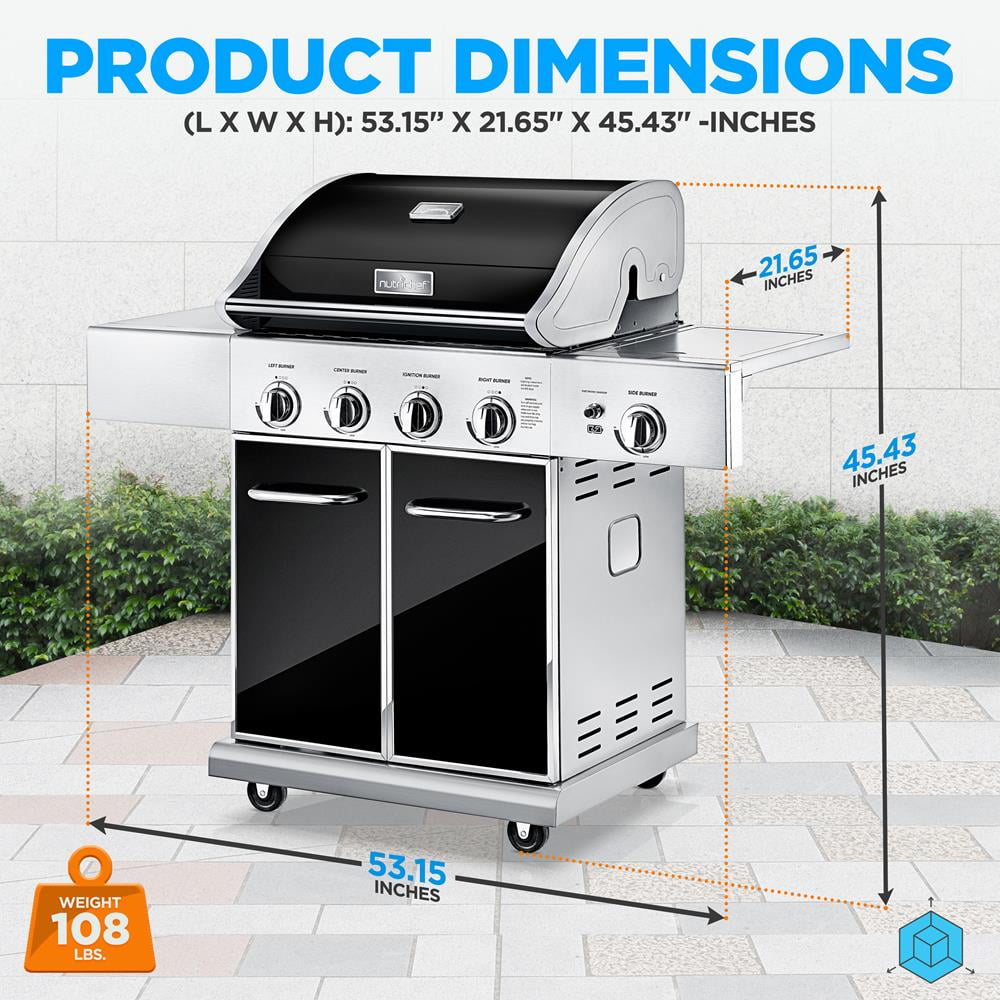 Heavy-Duty 5-Burner Propane Gas Grill - Stainless Steel Grill, 4 Main Burner with 1 side burner, 52,000 BTU Grilling Capacity, Electronic Ignition System, Built-in Thermometer - NutriChef NCGRIL2