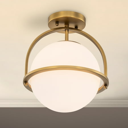 C Cattleya 1-Light Antique Brass Sphere Semi Flush Mount with Opal Glass Shade