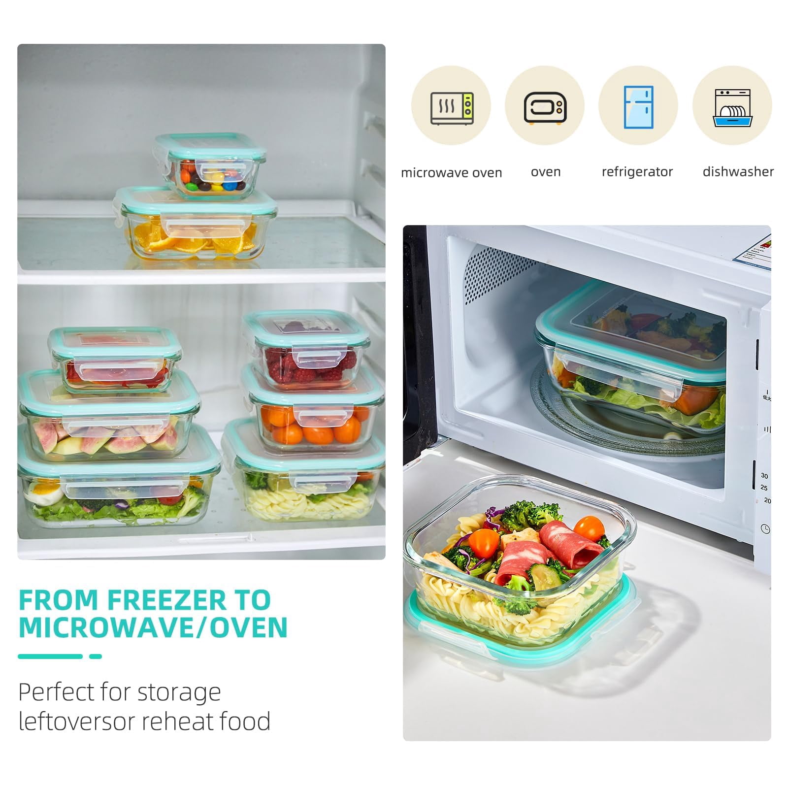 Glass Food Storage Containers with Lids – Airtight Meal Prep Containers, Leak-Proof Locking Bento Boxes for Microwave, Oven, Freezer, Dishwasher, BPA Free