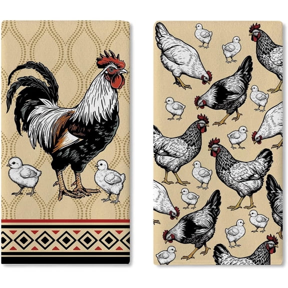Vintage Farm Chicken Coop Kitchen Dish Towels Set of 2, Retro Farmhouse Rooster Hen Chicks Drying Hand Towel Baking Cooking Cloth, Rustic Country Geometric Bathroom Home Decoration 18'' x 26''