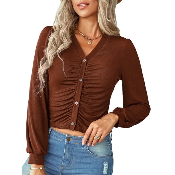 Cárdigan, Camisa de mujer de manga larga con cuello en V Botones Crop Casual Cardigan Meterk Camello/Pequeña