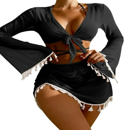FNNMNNR Womens 4 Piece Bathing Suit with Cover up Triangle Bikini Set with Mesh Long Sleeve Crop Top and Drawstring Side Skirt Black M