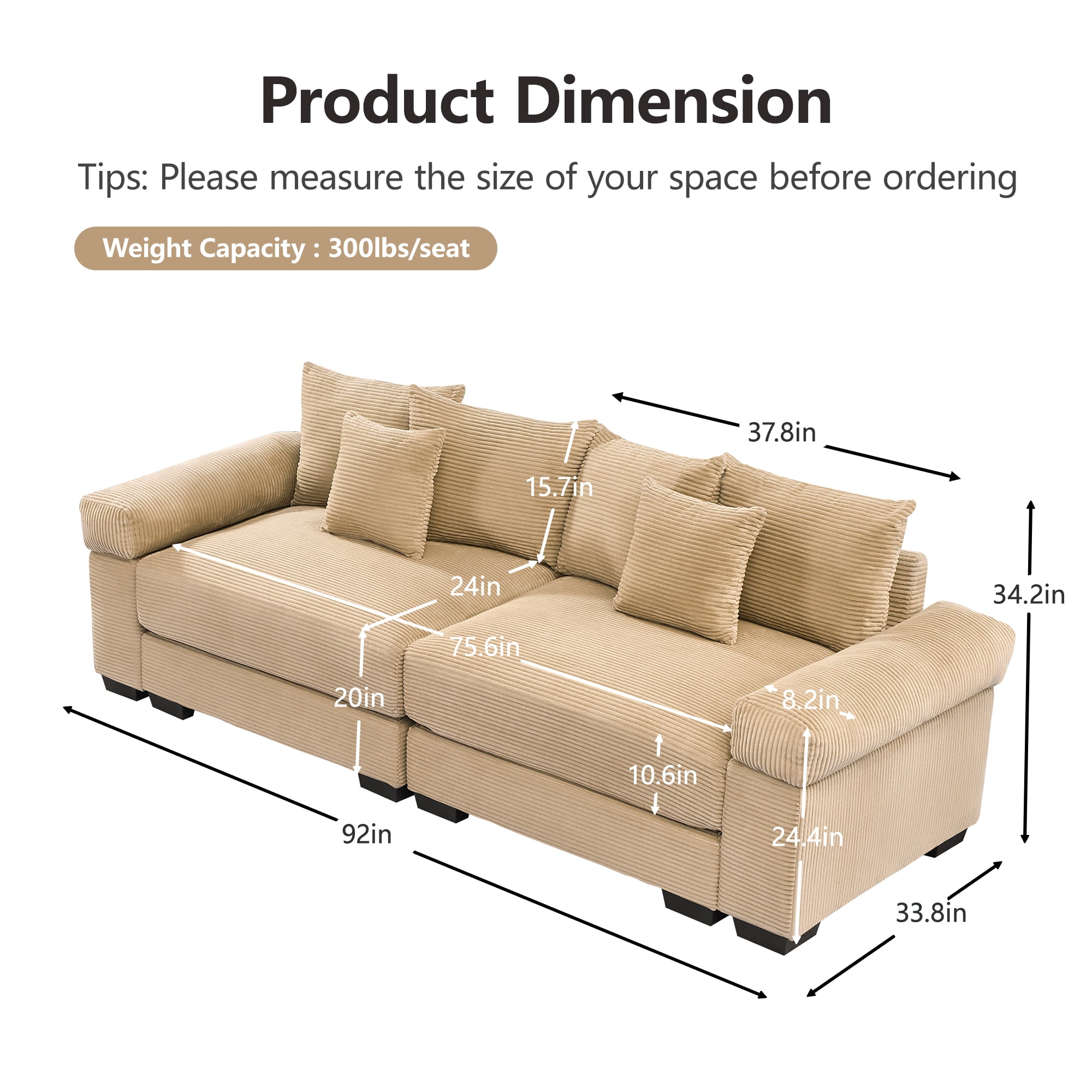 Anpport 92" Cloud Modular 2-Seater Camel Corduroy 2-Seater, Washable Removable Covers, Double-Layer Thick Cushions, Wide Armrest, Small Apartment Sofa