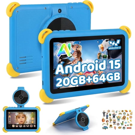 7 Inch Kids Tablet, Android 15 Learning Tablet, 20GB RAM 64GB ROM, Parental Control, Pre-installed Kids Apps, Blue Shockproof Case