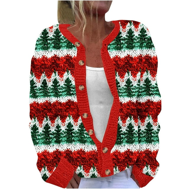 Mgmyaa Cardigan pour Femmes, Manches Longues, Veste Décontractée en Tricot avec Imprimé de Noël