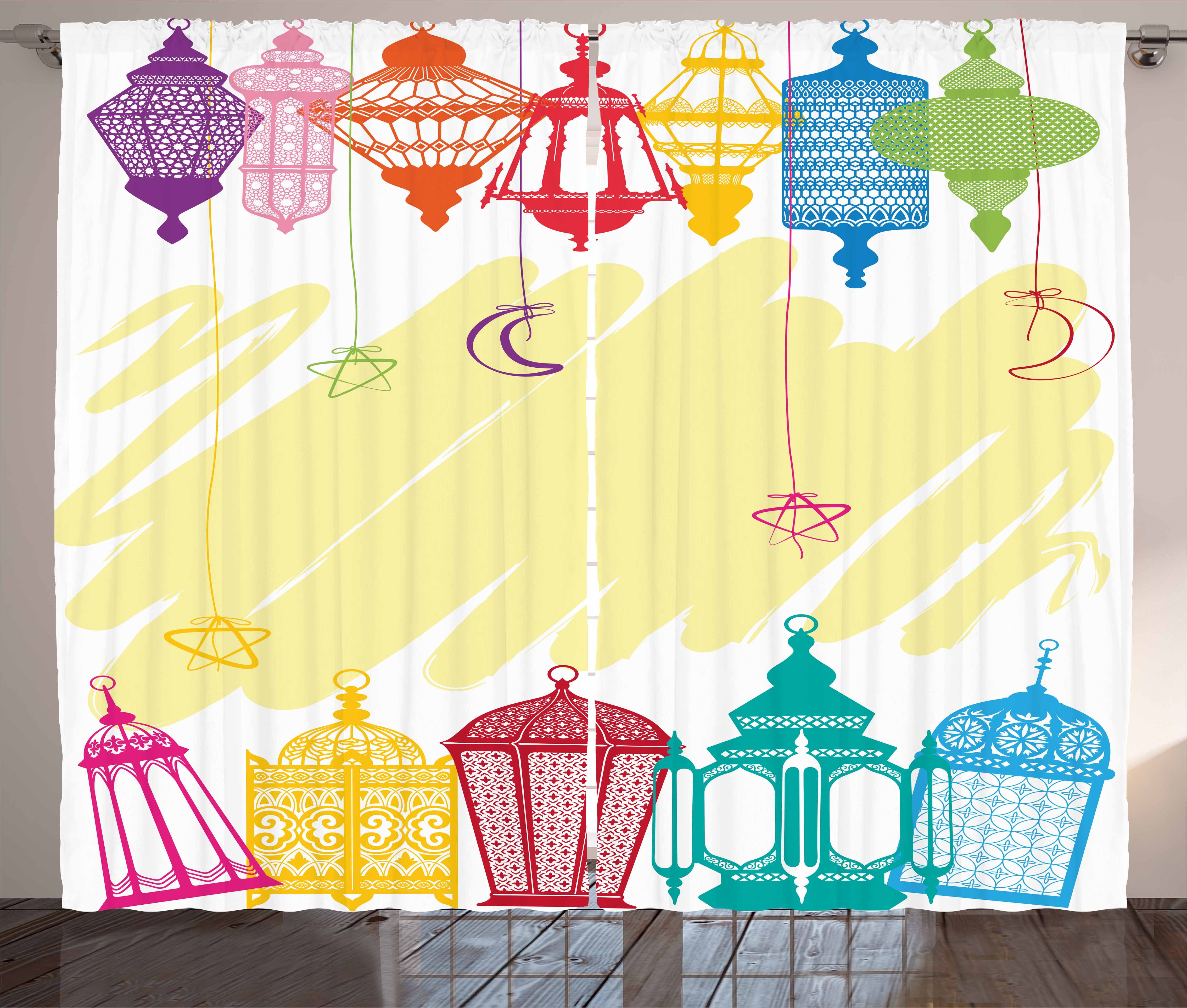 Lantern Curtains 2 Panels Set, Islamic Themed Celebration IMage Stars and... by Kozmos