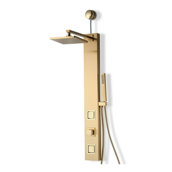 Dion Series 39 in. 2-Jetted Shower Tower with Heavy Rain Showerhead and Spray Wand, Full Body Shower System in Gold