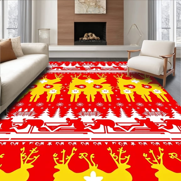 ODIKA 4'x6' Machine Washable Non-Slip Area Rug, Joyful Winter Elk Forest Scene Decorative Festive Floor High Traffic Rug, Red, 623243