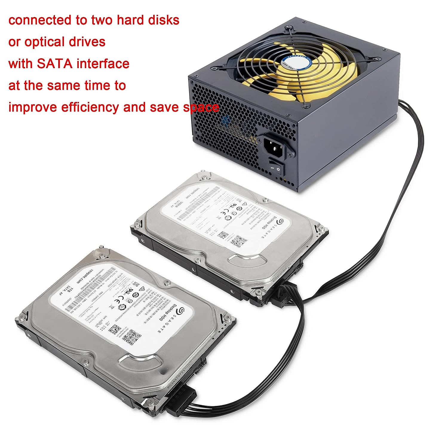 HRTGFD-Mini 4-pin to 2X Right Angle SATA Hard Drive Cable 4-pin 1 to 2 SATA SSD Power Cord Extension Cable