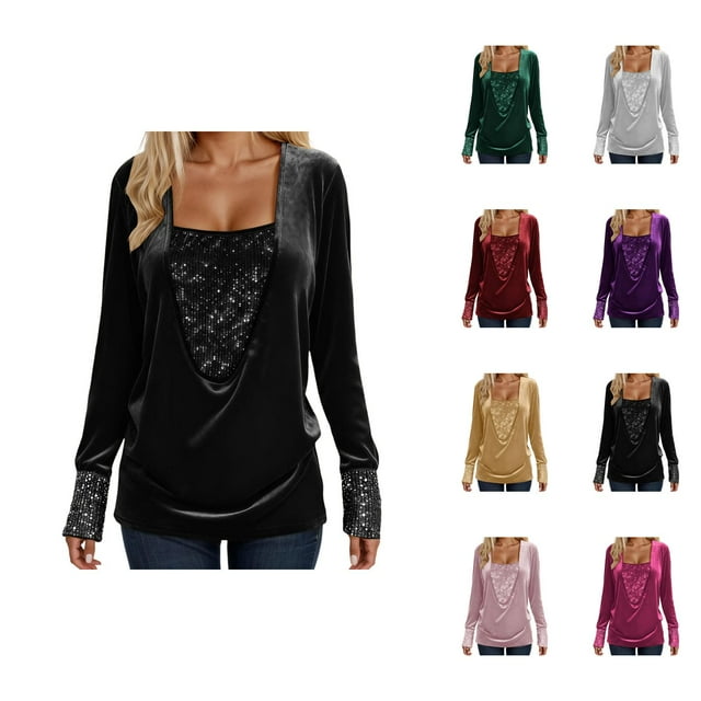 Hauts Scintillants pour Femmes Printemps 2026 Mode Y2K Manches Longues Col en V Velours Ample Patchwork T-Shirts Tenue Rave