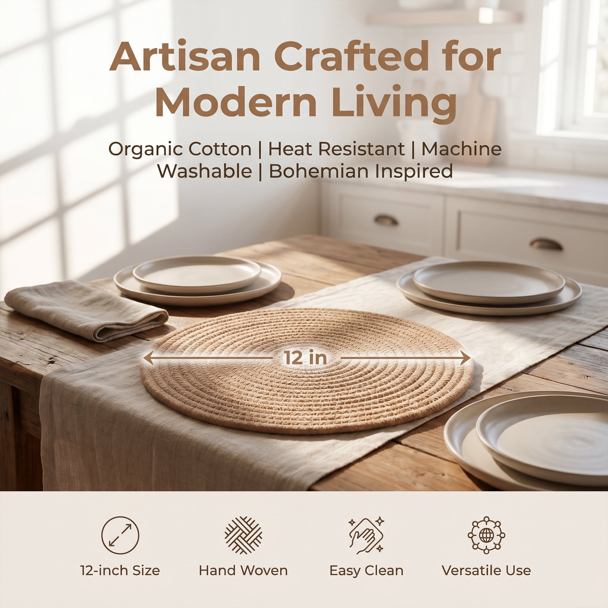 Unique Bargains Placemats Set of 4 Cotton Round Placemats for Dining Table Brown