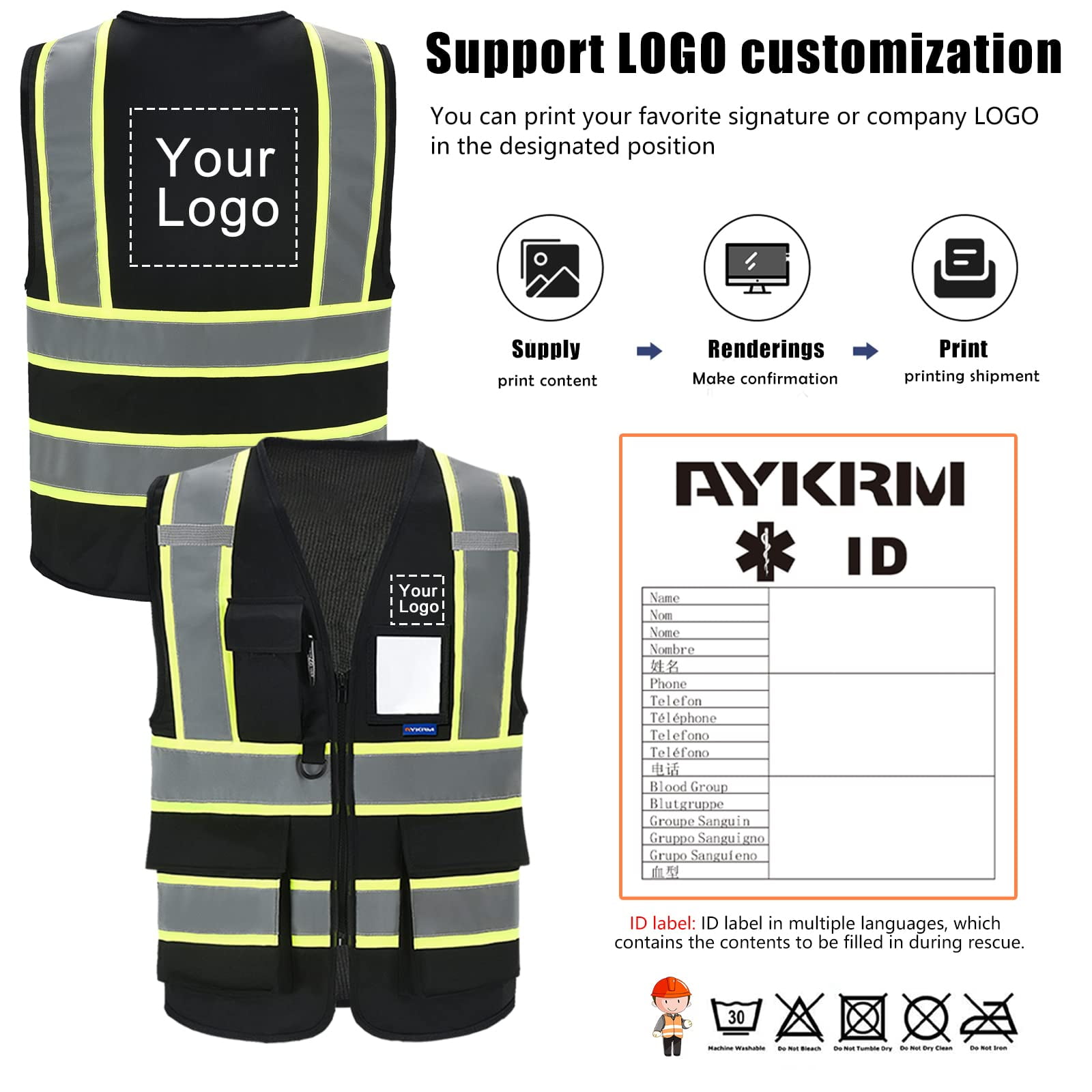 AYKRM Security Vest for Men Women 7 Pockets High Visibility Reflective Safety Vest Front Zipper Meets ANSI/ISEA