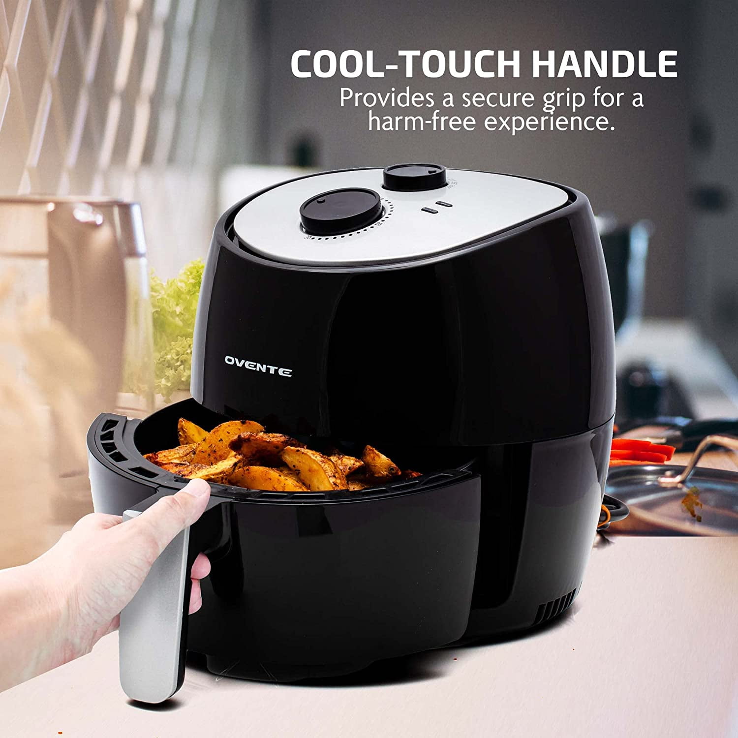 OVENTE Compact Air Fryer for Healthy and Oilless Cooking, 3.2 Qt Nonstick & Dishwasher Safe Basket, 1300W Electric Cooker w/ Adjustable Temperature Control, 30Min Timer & Auto Shutoff Black FAM11320B