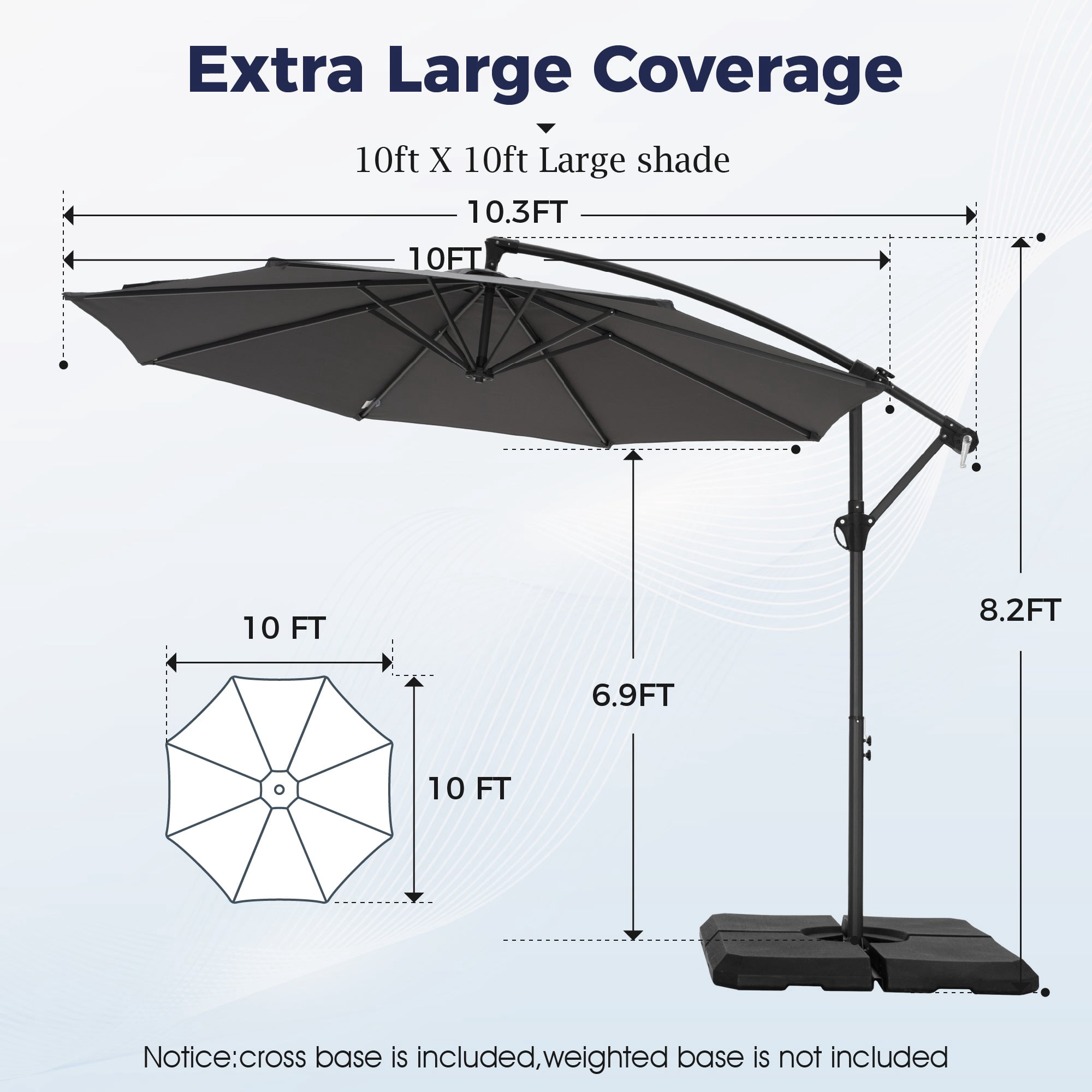 Alpha Joy 10ft Outdoor Patio Offset Market Hanging Umbrella with 8 Steel Ribs & Cross Base(No Weight), Charcoal Gray