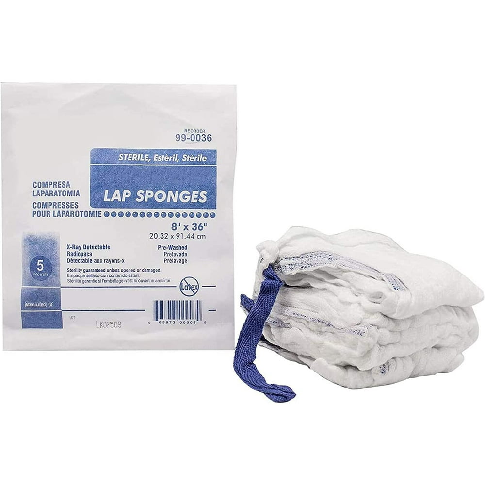 Case of 100 Surgical Laparotomy Sponges 8" x 36". Sterile XRay Detectable Cotton. Prewashed 100