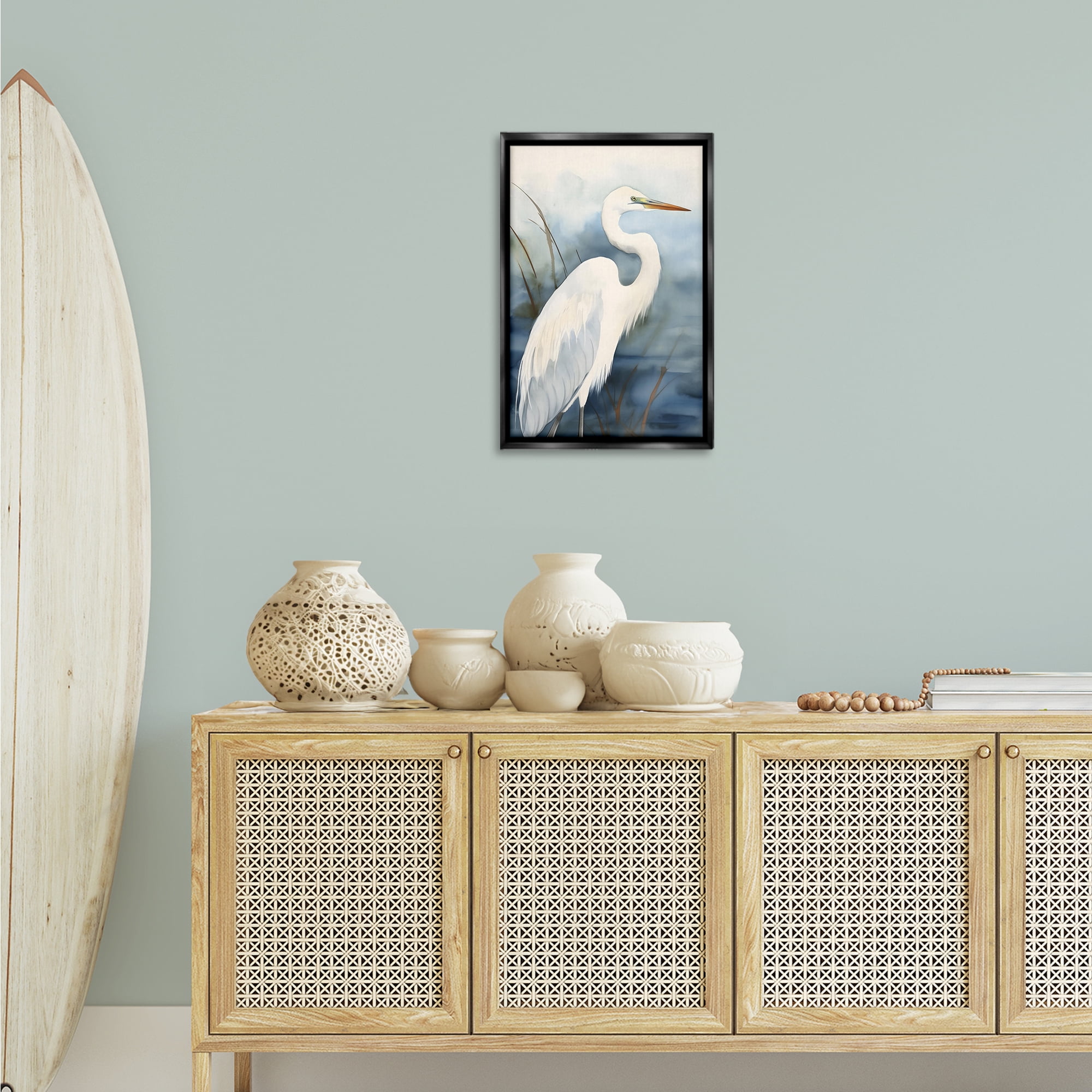 Stupell Industries Soft Egret Impression Animals & Insects Painting Black Floater Framed Canvas Art Print Wall Art, 17 x 25