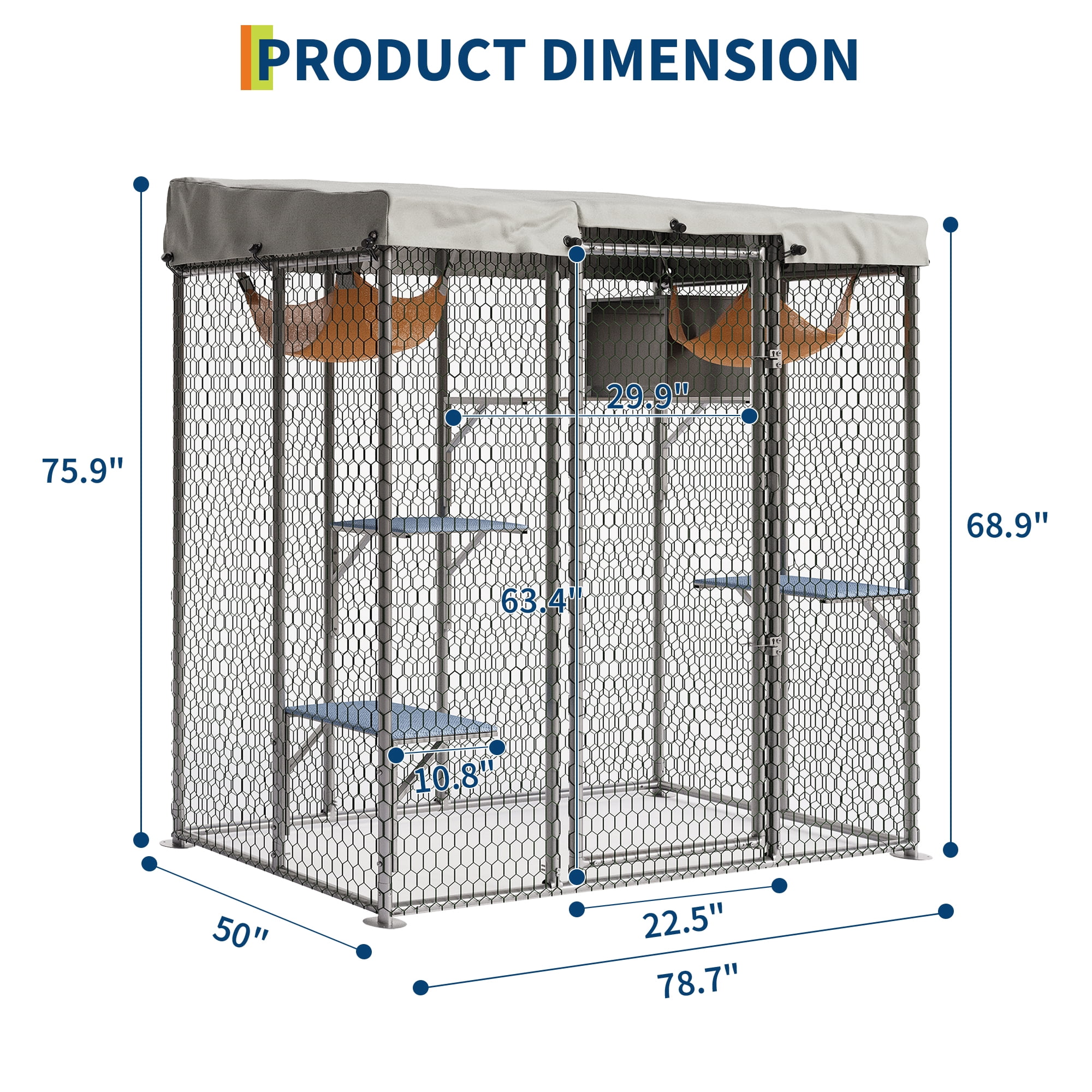 Large Outdoor Cat House with Walk-In Platform, Multi-Level Enclosure, Weatherproof Canopy for Patio, Yard