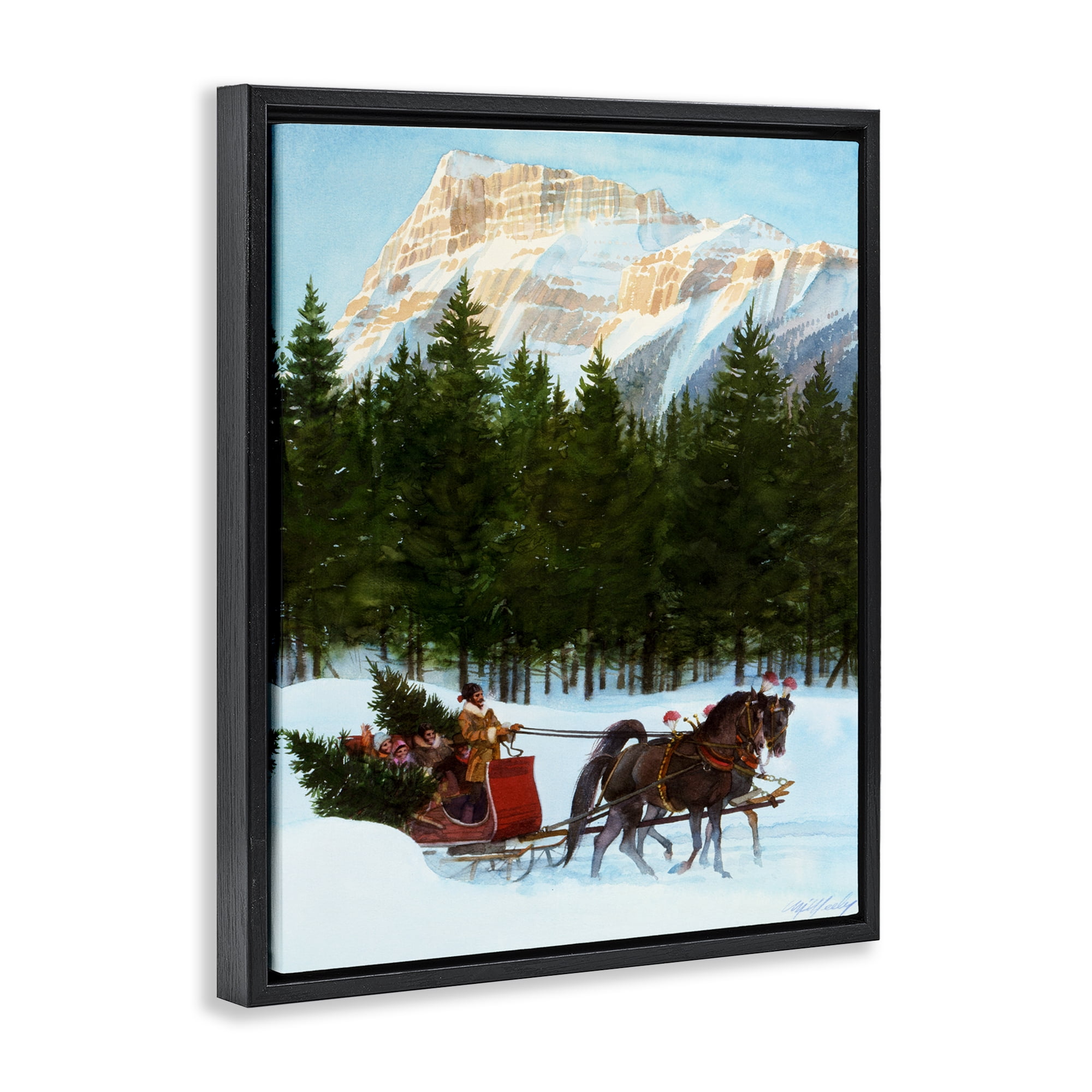 Sleigh Ride Carrying Trees Black Framed Floater Canvas Wall Art, design by Wind River Studios