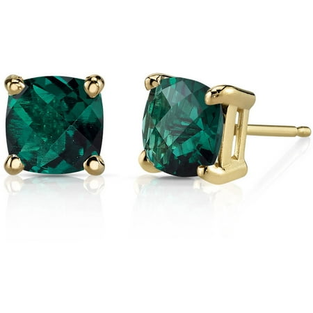 Oravo 1.75 Carat T.G.W. Cushion-Cut Created Emerald 14kt Yellow Gold Stud Earrings