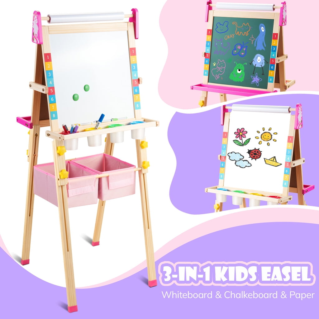 Easel for Kids with 2 Drawing Paper Roll, Learning-Toy for 3,4,5,6,7,8  Years Old Boy & Girls, Wooden Chalkboard & Magnetic Whiteboard & Painting  Paper Stand, Gift & Art Supplies for Toddler 