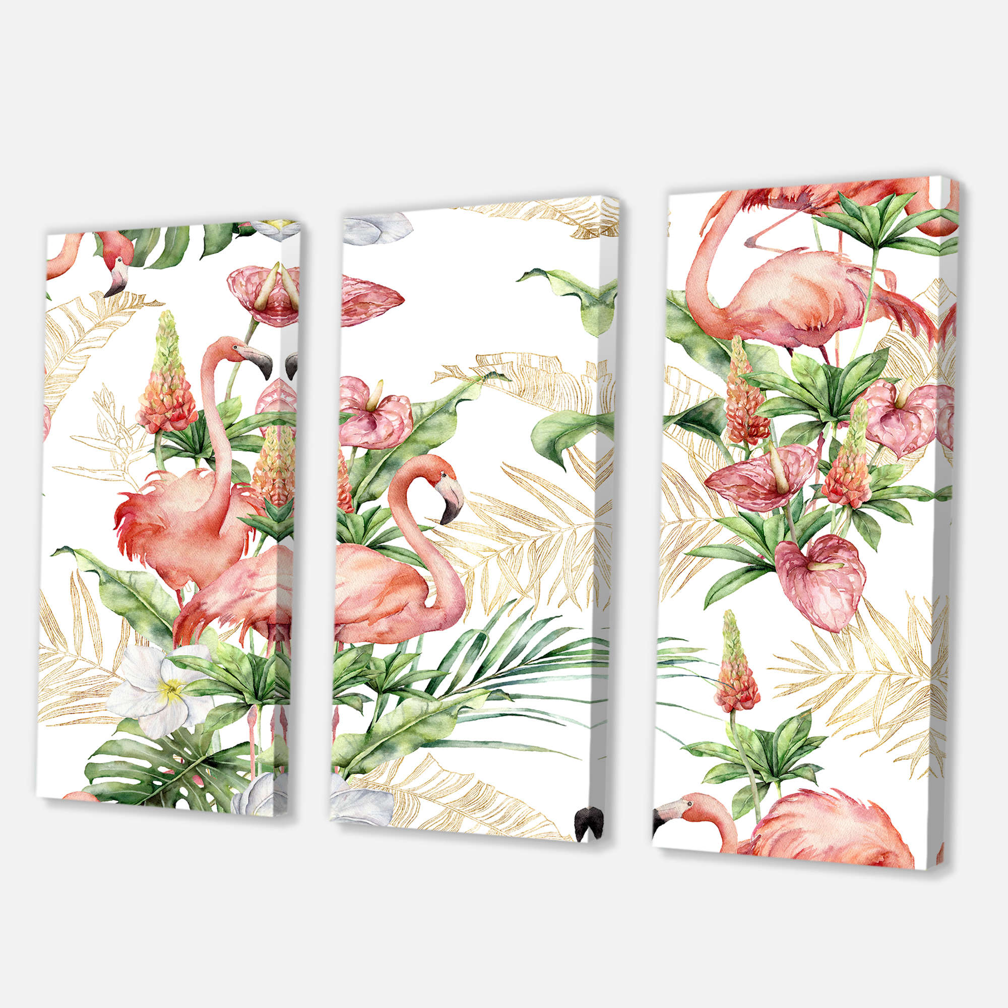 Designart ' Tropical Flowers & Gold Leaves With Pink Flamingos ' Traditional Canvas Wall Art Print