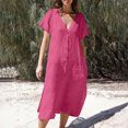 thumbnail image 2 of Vestido camisero con cordón y escote en V de un solo pecho de Color liso para mujer, vestido de lino y algodón con bolsillos Pompotops ghjkhdj13192, 2 of 8