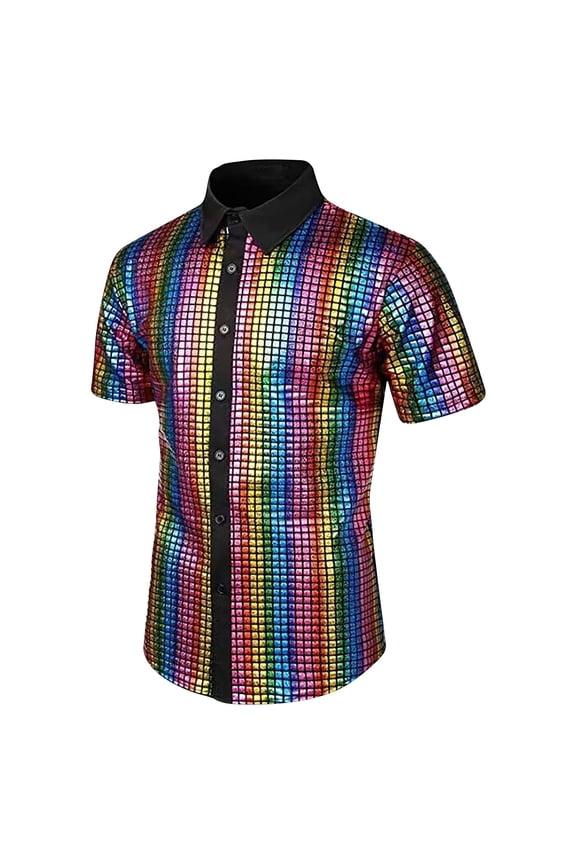 Mens 70S Disco Shirts Button Down Sequin Shirt Short Sleeve Retro Metallic Nightclub Party Costume Shirt Tops 2024