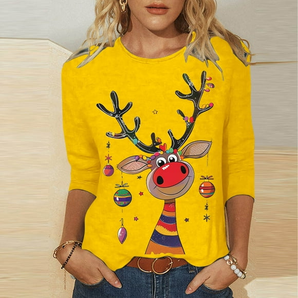 lcziwo Prime Deals Chemise Femme Merry Noël Shirt for Women Hauts et Chemisiers à Manches 3/4 T-Shirts Graphiques Mignons Renne Flocon de Neige T-Shirts Cadeaux de Noël Jaune, TG