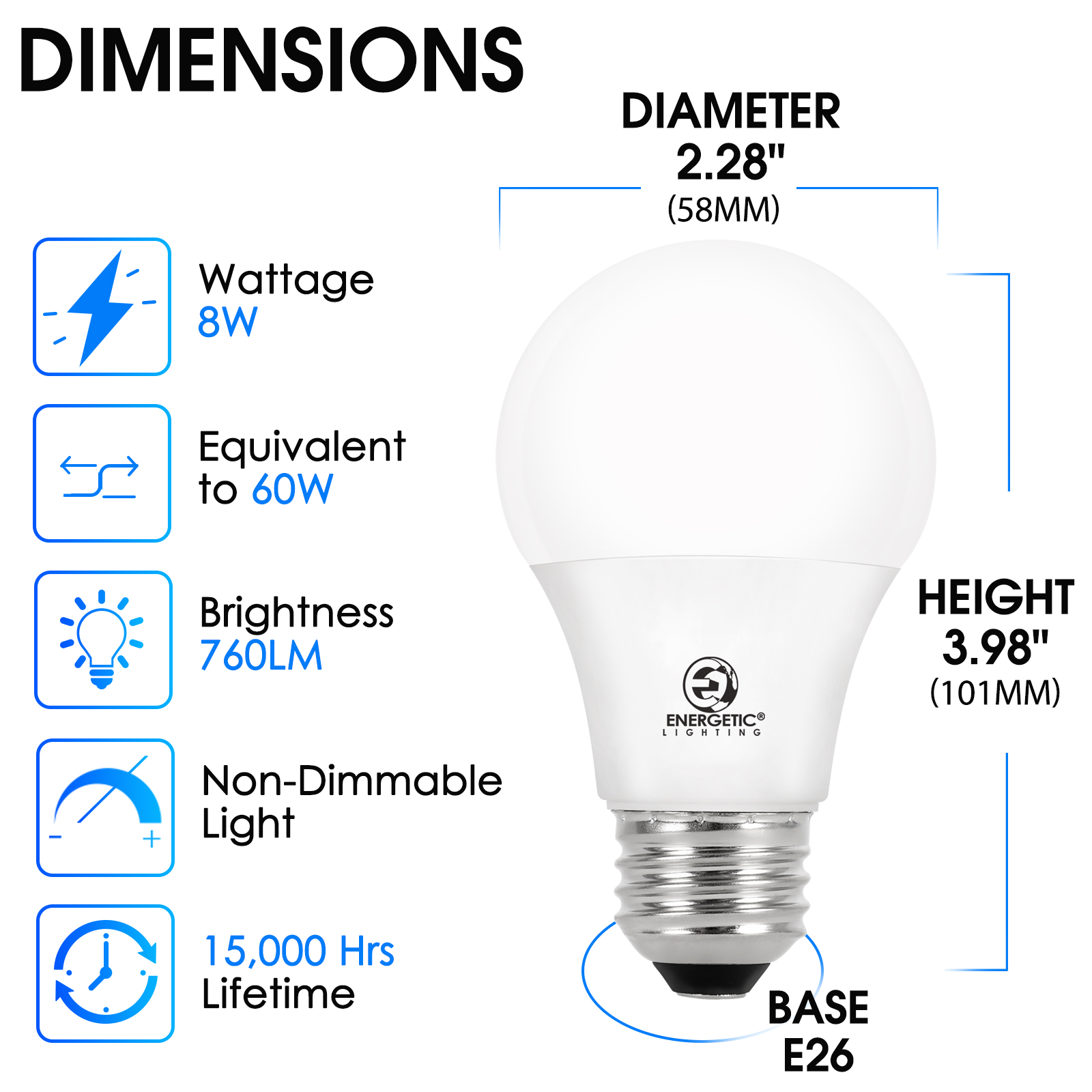 ENERGETIC A19 LED Light Bulb, 8Watts(60W Equivalent), 5000K Daylight, E26 Base, 760lm, ETL Listed, 24 Pack
